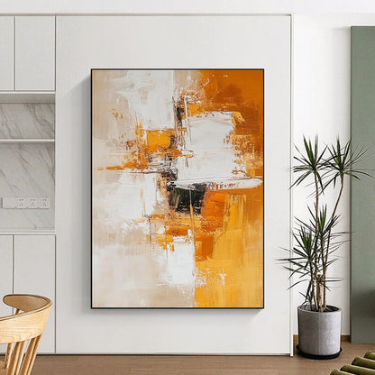 Contemporary hand-painted abstract artwork featuring white and amber tones with geometric shapes creating depth and calmness on a light orange background. DLZ0777