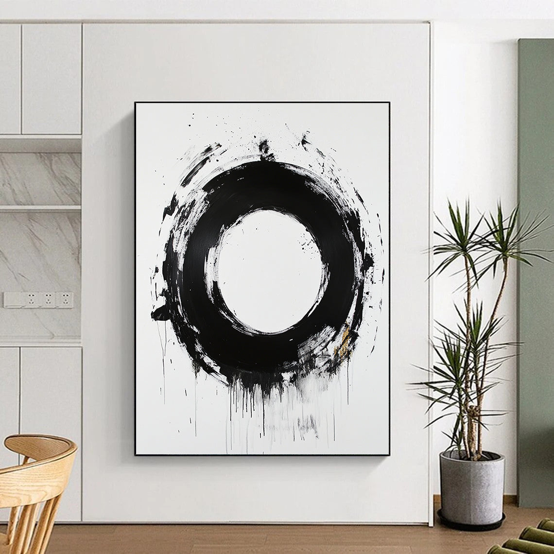 White, Black and Gold Abstract Circle "Expressive Enso" Painting On Canvas HB368