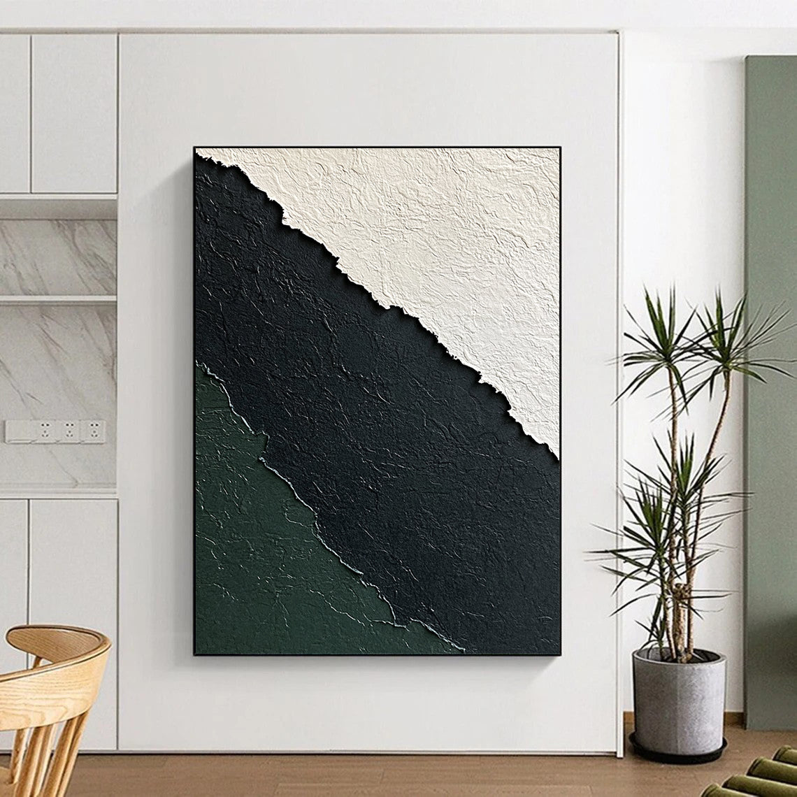 Contemporary abstract art features a textured paper design in black white and green against a dark gray background for a minimalistic elegance. DLZ1249