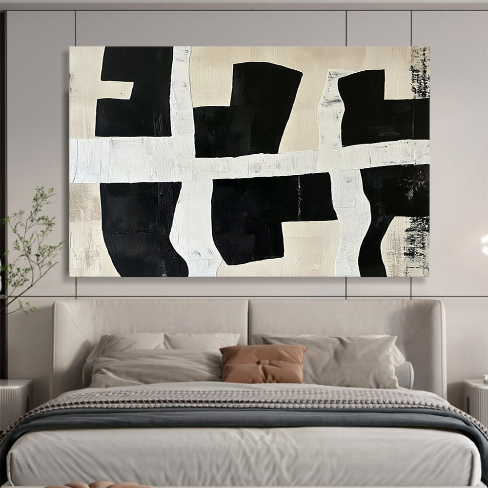 “Black - White Grid Shapes” - Black, white, beige, Abstract Geometric Painting HB0640