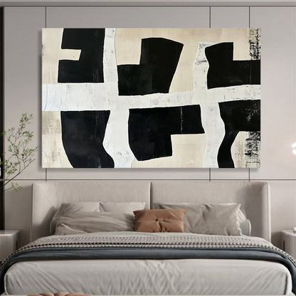 “Black - White Grid Shapes” - Black, white, beige, Abstract Geometric Painting HB0640