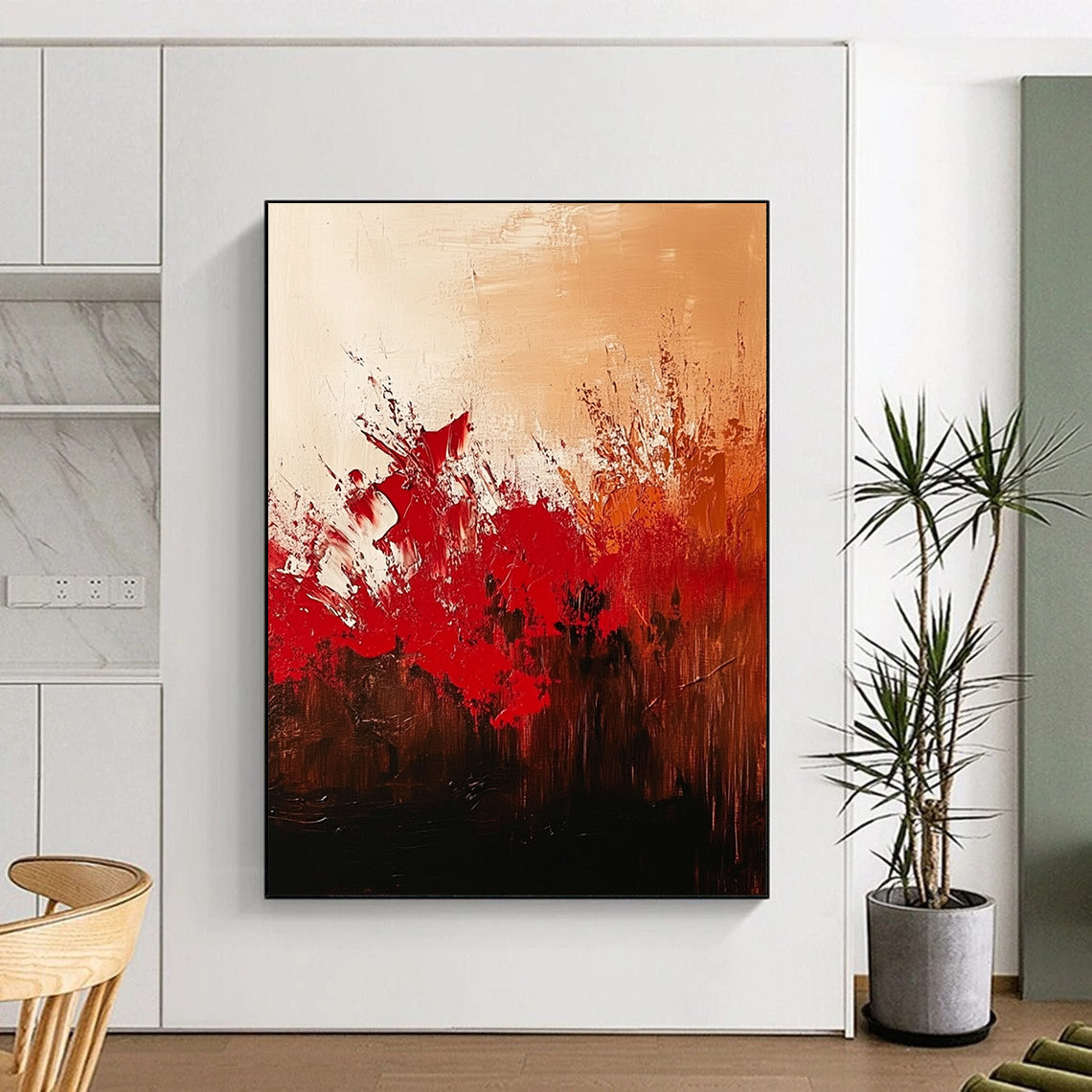Contemporary hand-painted abstract artwork featuring red and brown hues against a textured beige background with elegant brushwork and depth. DLZ0991