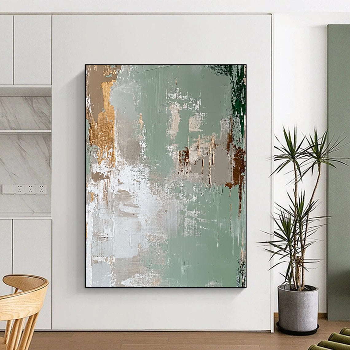 Contemporary hand-painted abstract art featuring a faded distressed background in light green and beige with peeling paint in the style of James Jean. DLZ1257