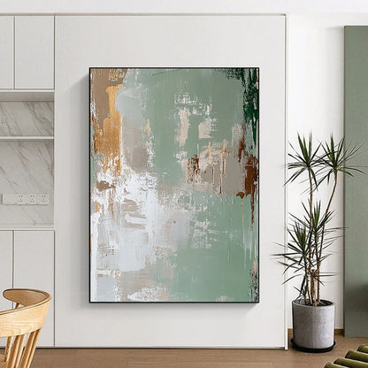 Contemporary hand-painted abstract art featuring a faded distressed background in light green and beige with peeling paint in the style of James Jean. DLZ1257