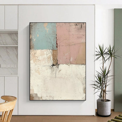 Contemporary hand-painted abstract art featuring a vintage wall effect with distressed pastel tones creating a unique textured visual experience. DLZ1501