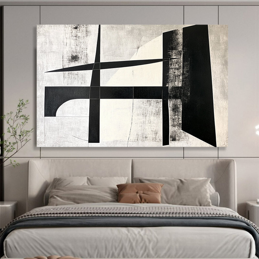 Geometric Black and White Cross - Precision Abstract Painting On Canvas HB0464