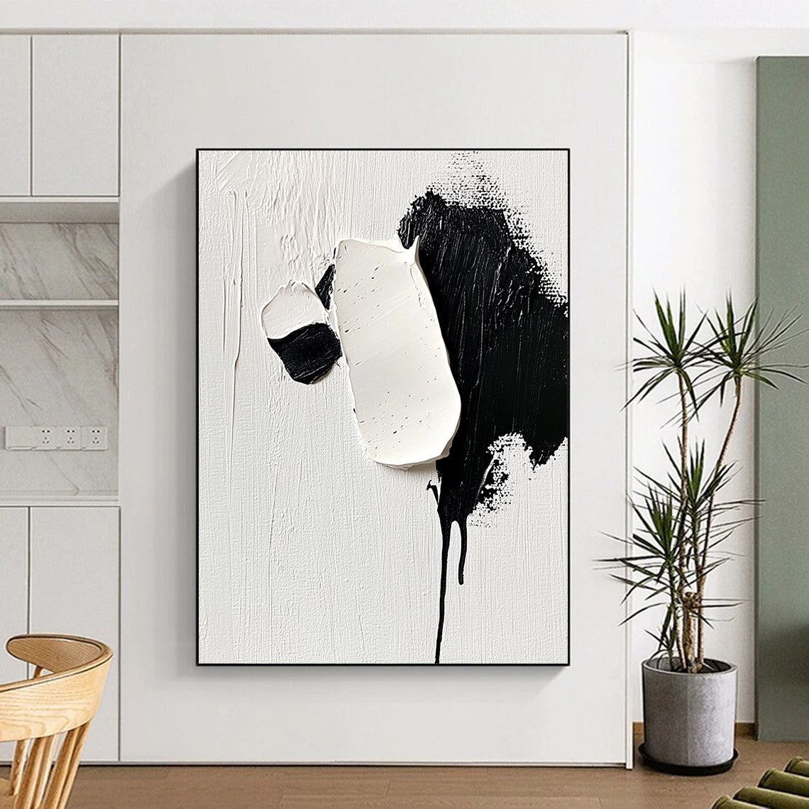 Contemporary hand-painted abstract art featuring a cute panda with detailed strokes of white and black on a minimalist background capturing softness and elegance. DLZ1737