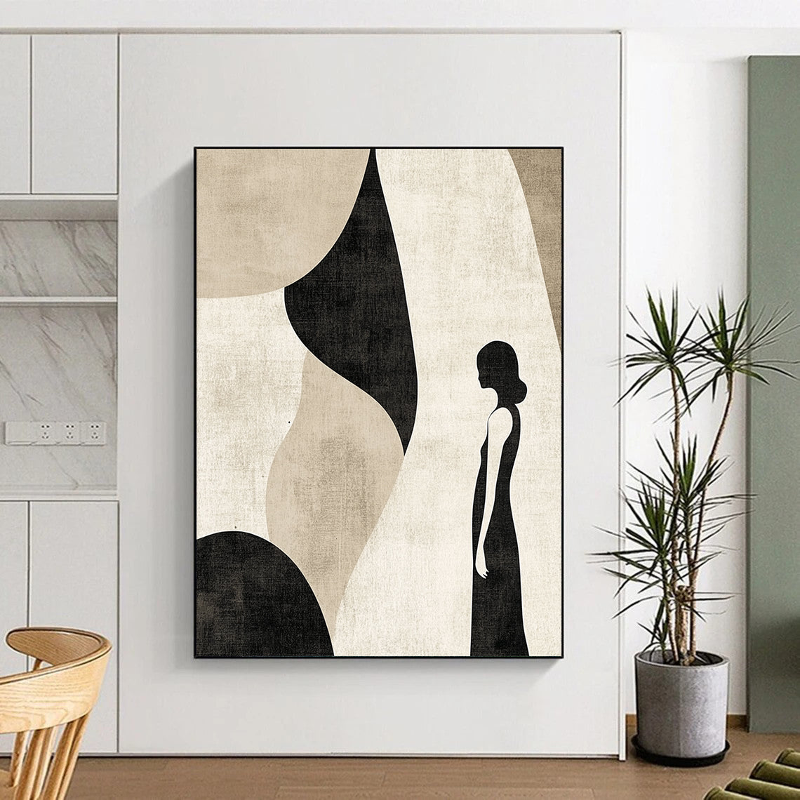 Contemporary abstract artwork featuring muted beige and black tones with simple line art, perfect for modern decor aesthetics. DLZ0798