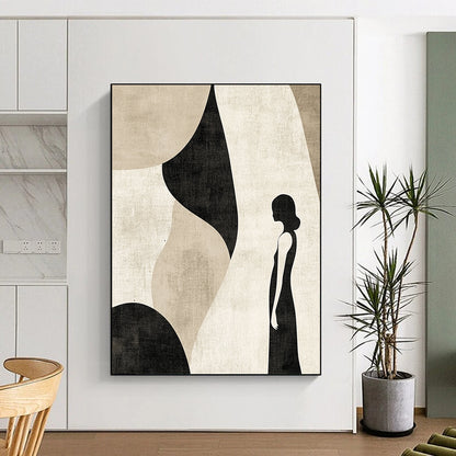 Contemporary abstract artwork featuring muted beige and black tones with simple line art, perfect for modern decor aesthetics. DLZ0798