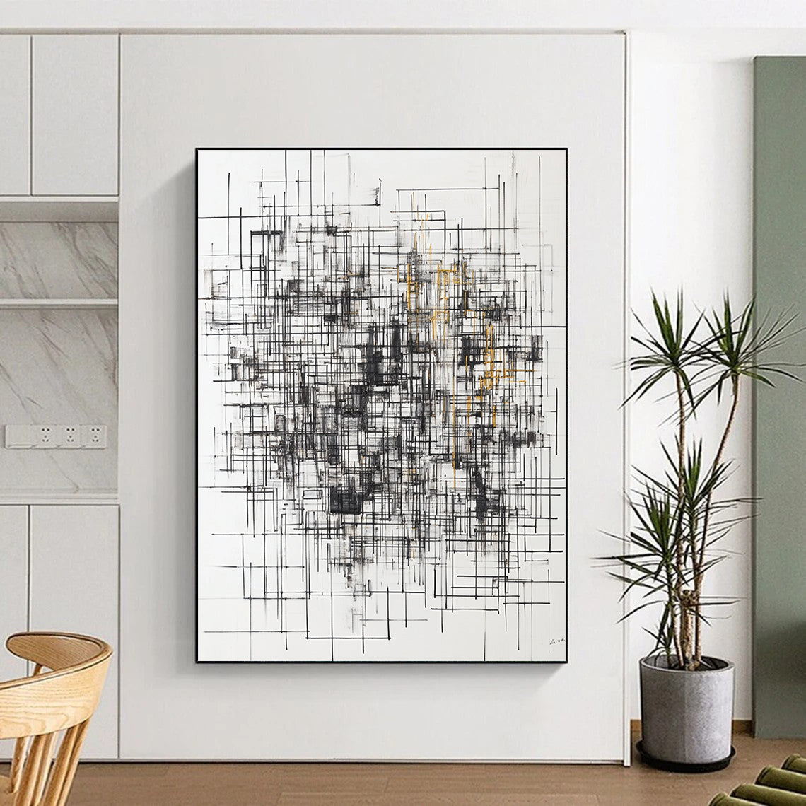 Black, White, Gray, Gold, Grid of Lines "Gilded Matrix" Abstract Minimalist Painting On Canvas HB125