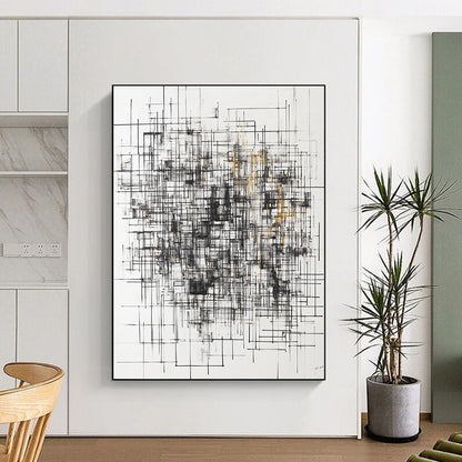 Black, White, Gray, Gold, Grid of Lines "Gilded Matrix" Abstract Minimalist Painting On Canvas HB125