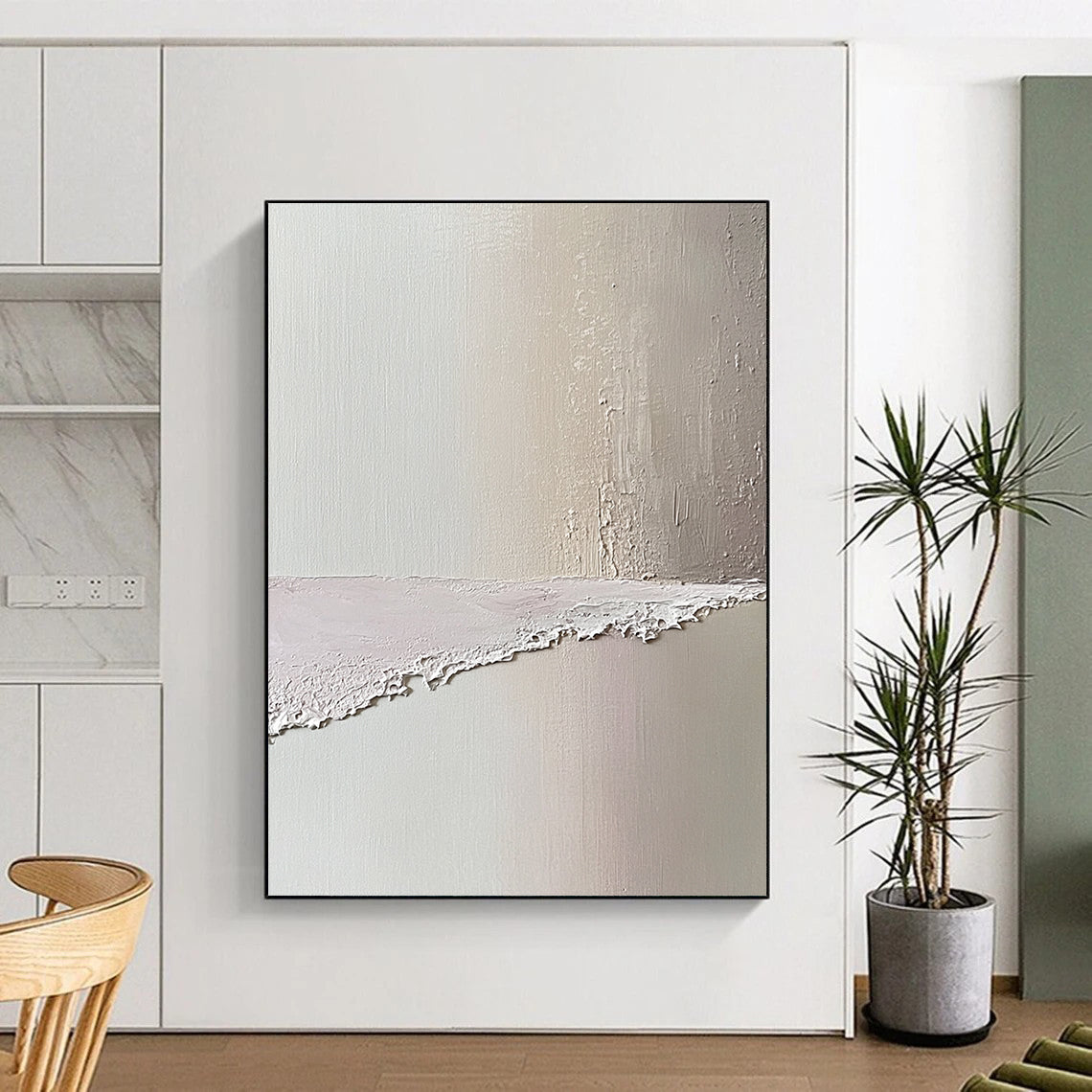 Contemporary abstract art featuring a serene beach scene in soft pastel pinks and whites evokes tranquility with textured oil paint aesthetics. DLZ1358