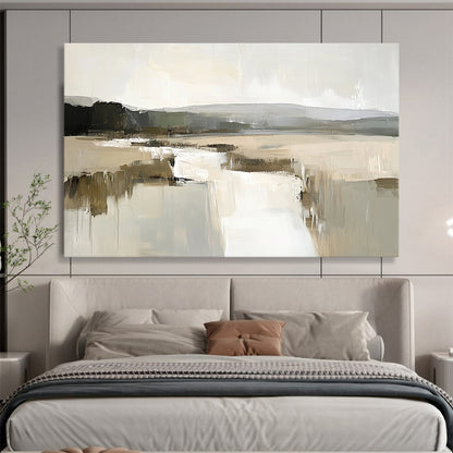 “Minimalist Lake Landscape Abstract” - Beige, Gray, White with Lake Forms - Painting On Canvas HB1402