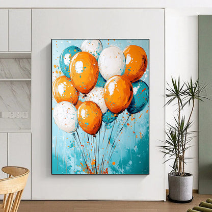 Contemporary abstract artwork featuring vibrant orange and teal colors, joyfully celebrating with floating balloons and dynamic paint splashes. DLZ0279