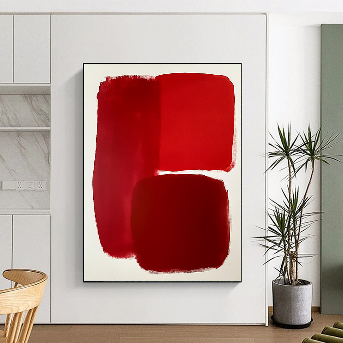 Contemporary abstract artwork featuring bold red shapes on a white background showcasing minimalist design and evocative empty spaces. DLZ1693