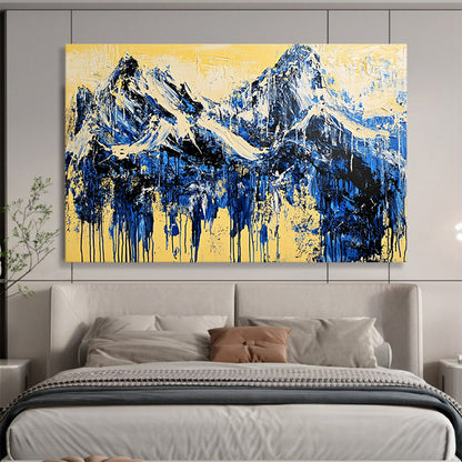 “Mountain Streams of Blue and Yellow” - Blue, yellow; Abstract mountain peaks; Drip - style Acrylic Painting On Canvas HB1187