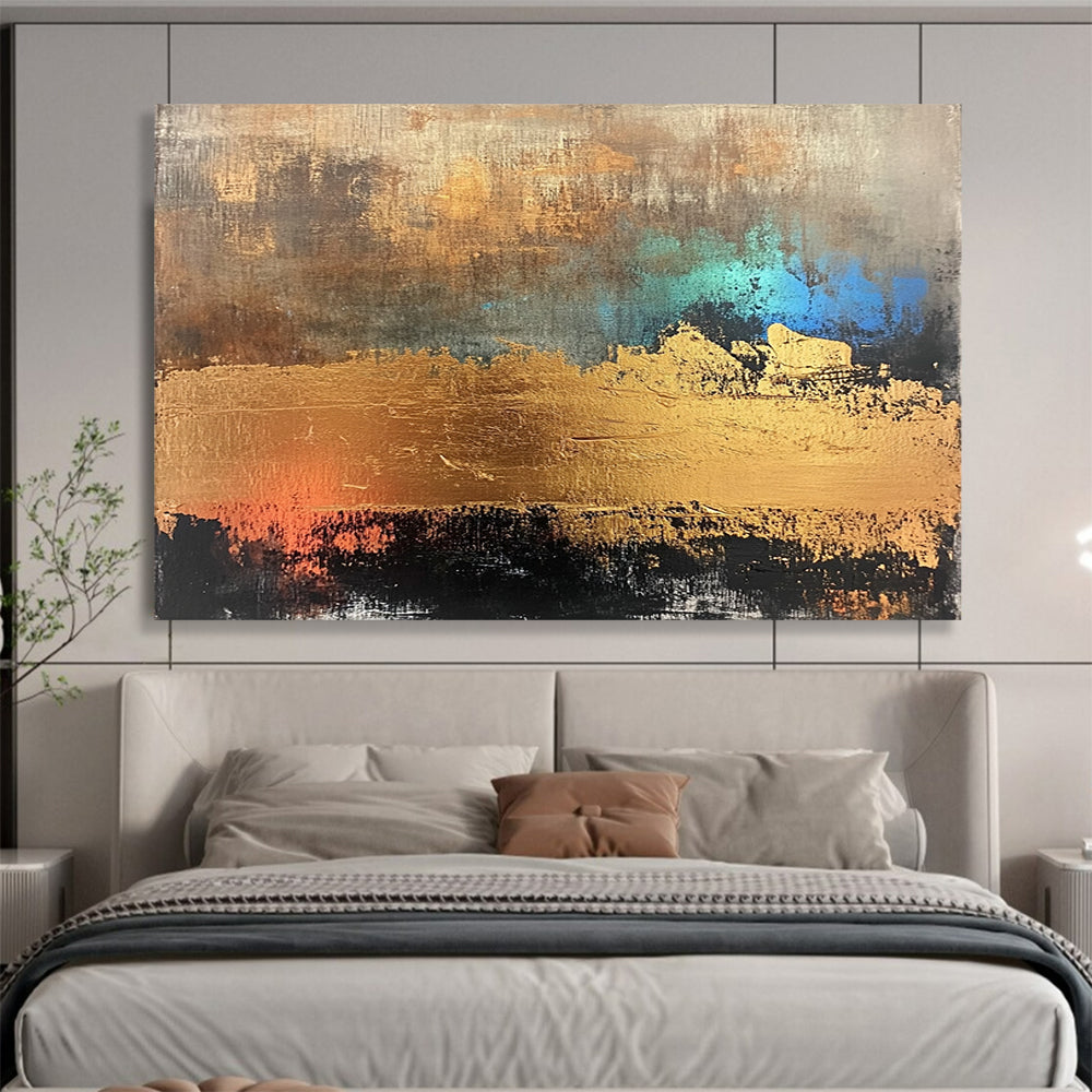 “Gold - Teal Abstract Textures” - Gold, Teal, Abstract Textured Painting On Canvas HB1107