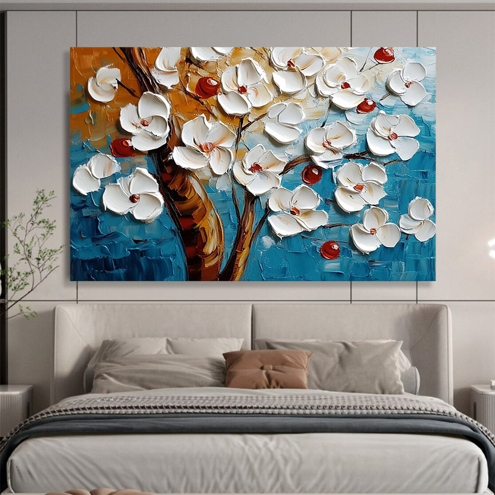 “Textured White Blossoms on Blue” - White, red, brown, blue; 3D - like white flowers on a textured blue background; Palette Knife Oil Painting On Canvas HB1198