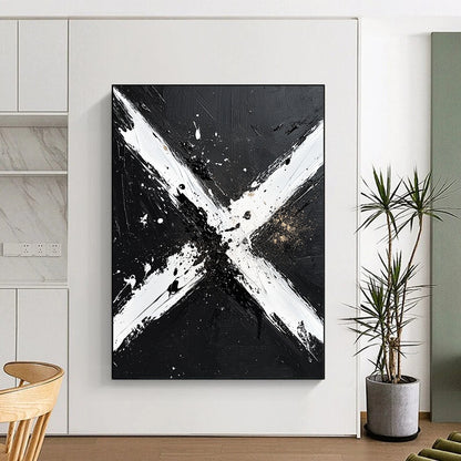 Black, White and Gold Abstract "Dynamic X" Painting On Canvas HB403