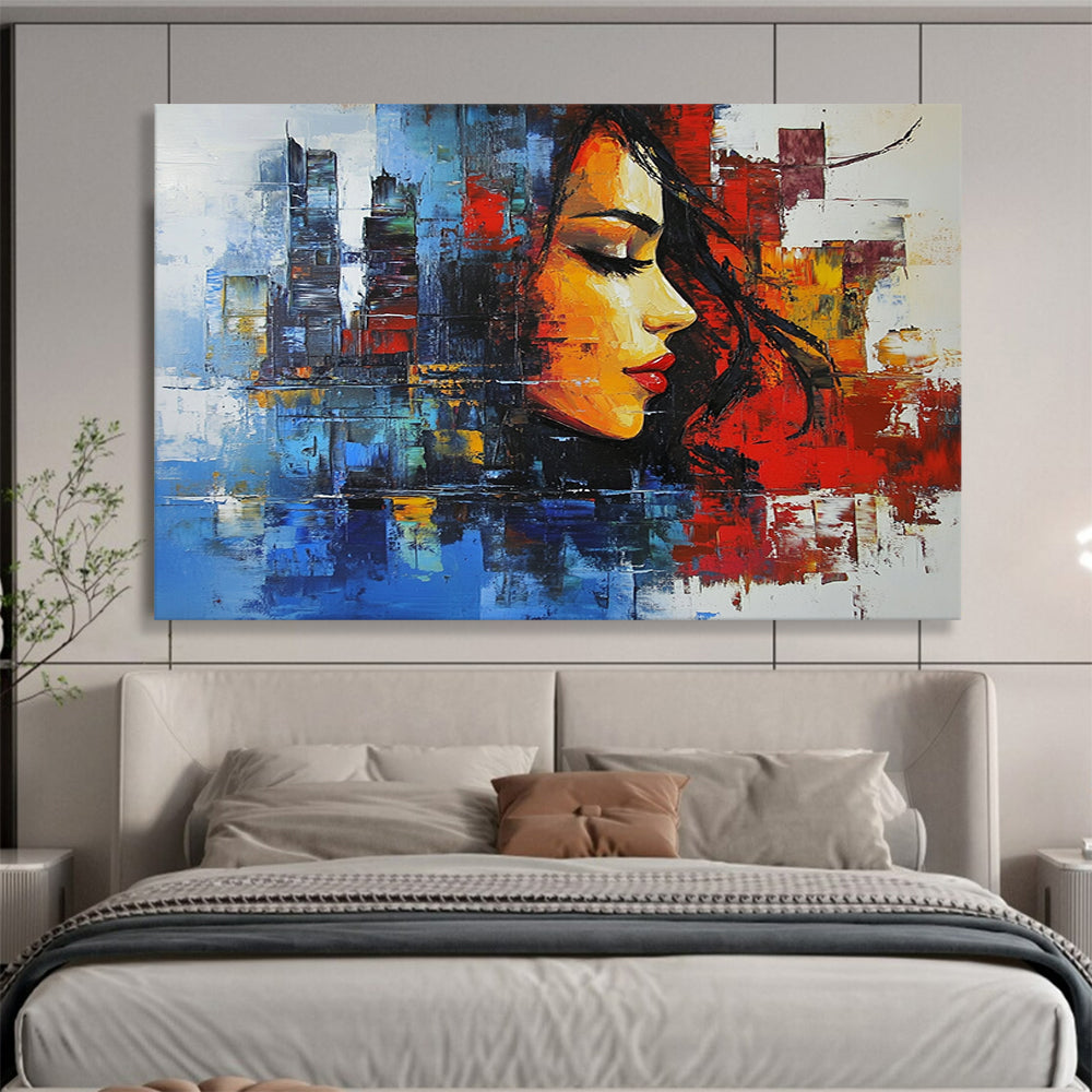 “Colorful Urban Woman Portrait” - Colorful Palette, Woman’s Face, City Background Painting On Canvas HB0851