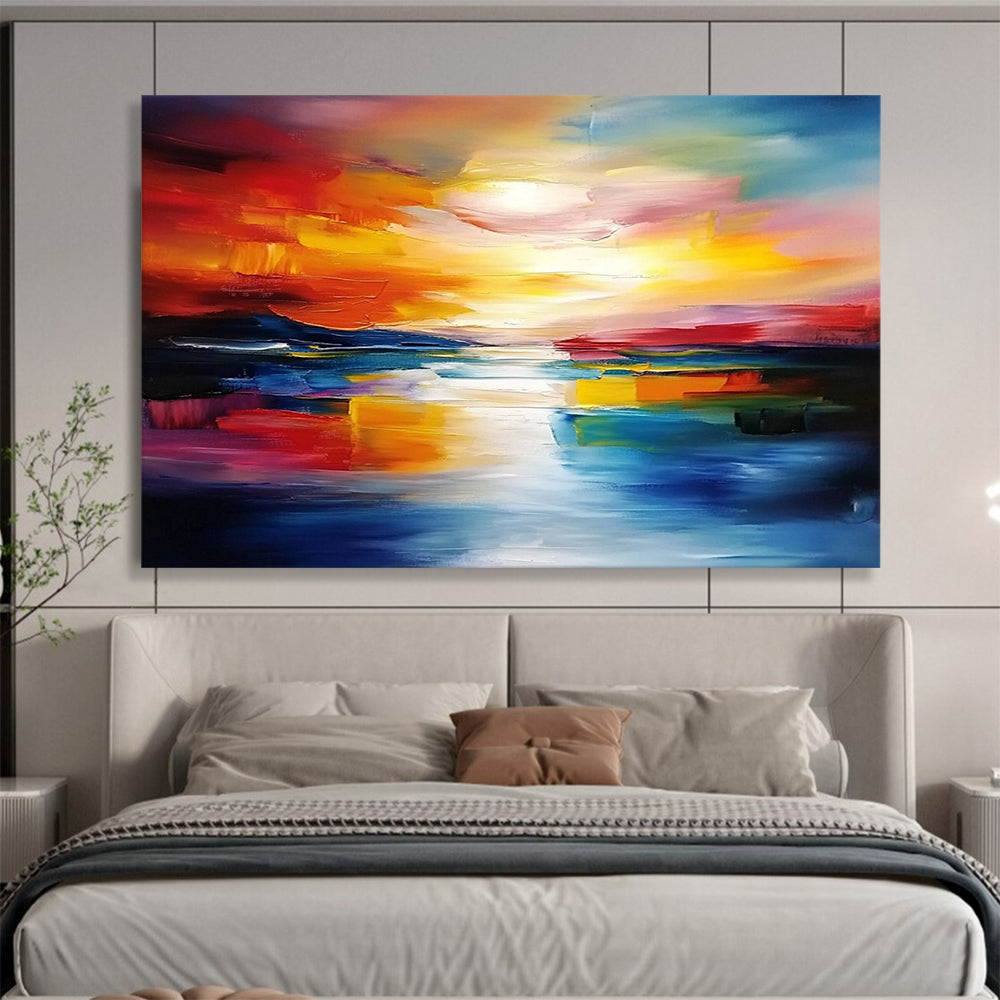 “Fiery Sunset Reflections” - Bold Reds, Oranges, Yellows, and Blues, Dramatic Sunset Over Water Painting On Canvas HB0910
