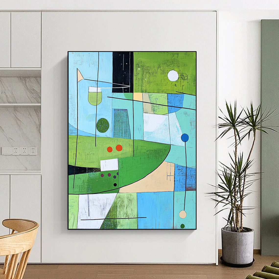 Contemporary abstract painting inspired by golf greens featuring dynamic lines and shapes with subtle color accents. DLZ0596