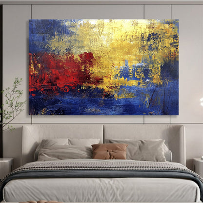 “Golden Red Abstract” - Blue, Gold, Red, Textured Color Blocks Painting On Canvas HB0945