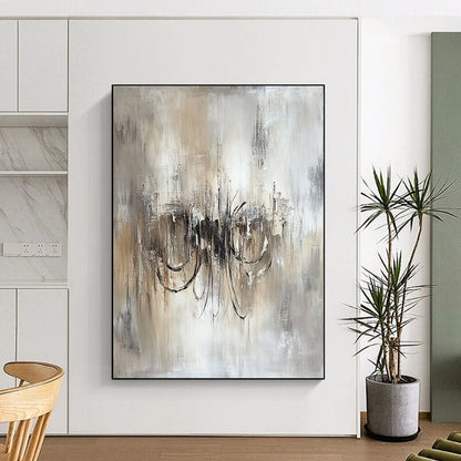 Contemporary hand-painted abstract art featuring an ethereal chandelier in soothing beige and grey tones on textured white canvas. DLZ0456