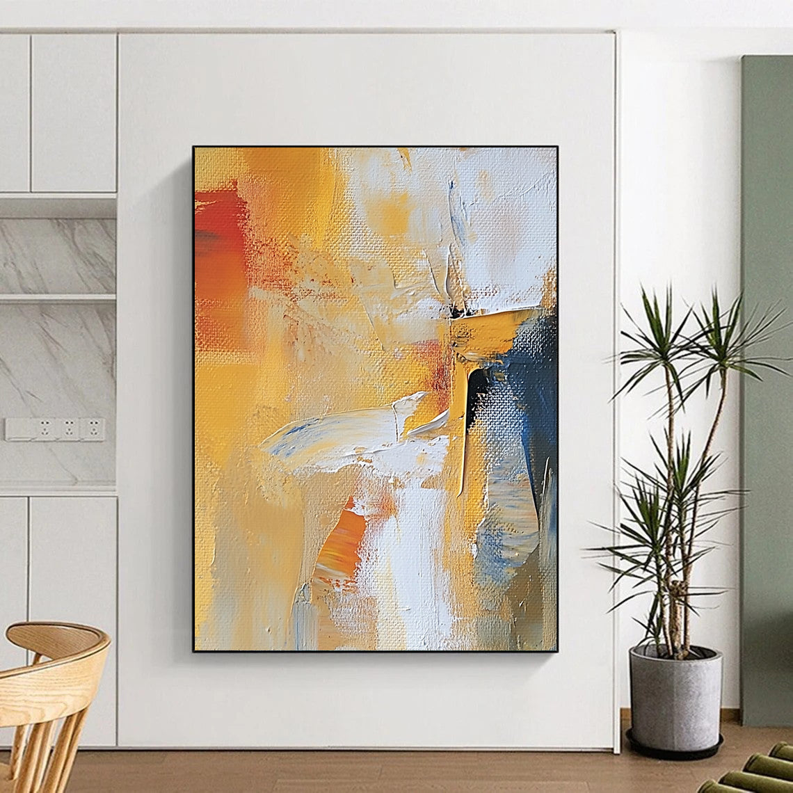 Contemporary abstract artwork featuring warm colors expressive brushstrokes and dynamic textures created with palette knife techniques. DLZ0899