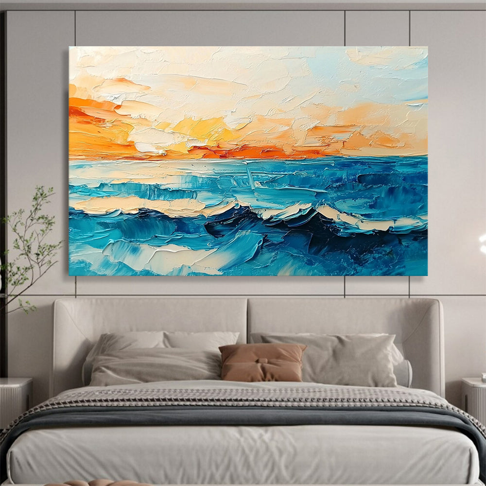 “Sunset Ocean Waves” - Orange, Yellow, Blue, Impasto Seaside Sunset Painting On Canvas HB1029