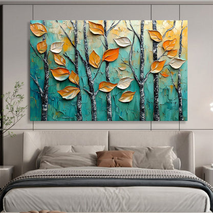 “Autumn Trees in Relief” - Teal, Orange, Textured Leaves & Trees Painting On Canvas HB0729