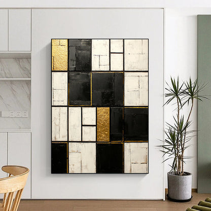 Black, White, Gold, Patchwork Squares "Gilded Mosaic" Abstract Neo - Platicist Painting On Canvas HB147