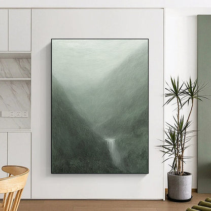 Contemporary abstract painting featuring misty mountains in gray-green hues with soft brushstrokes and a mystical waterfall flowing into a serene pool. DLZ1366
