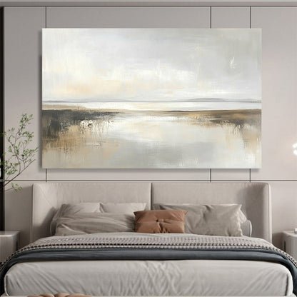 “Soft Gray Coastal Reflection” - Gray, Beige, Subtle Reflections, Minimalist Landscape Painting On Canvas HB0904