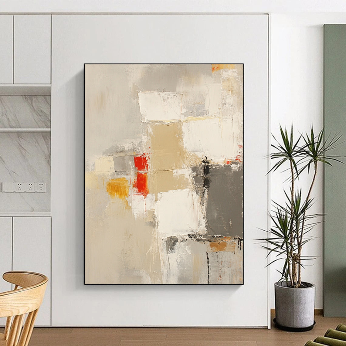 Contemporary abstract painting in neutral beige and gray tones with bold strokes and accents of yellow and red for a striking visual impact. DLZ0756