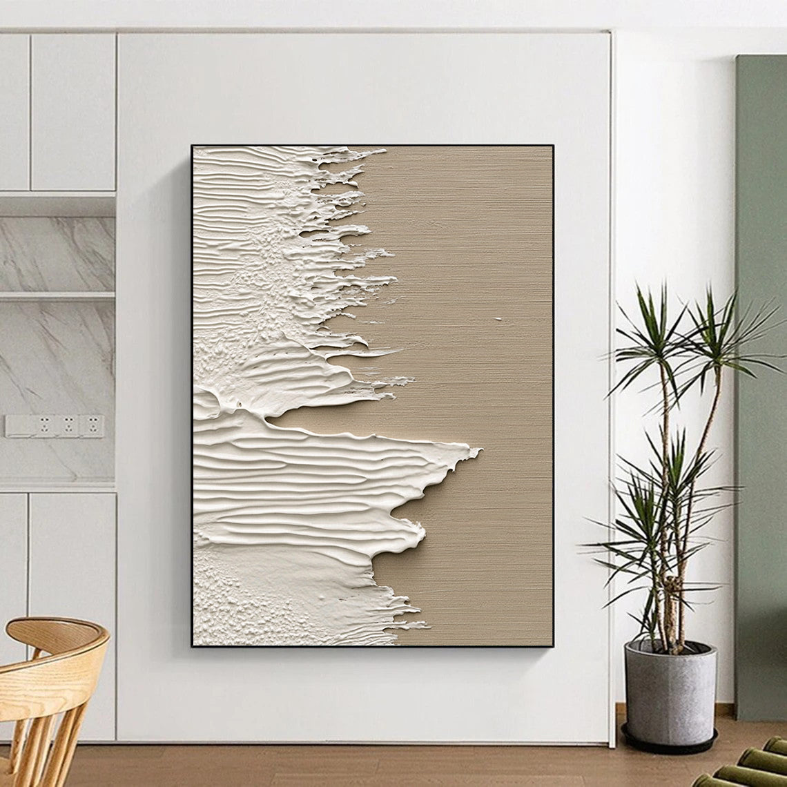 Contemporary abstract artwork featuring textured white paint on wood with a beige backdrop inspired by ocean waves in a unique splash art style. DLZ1232