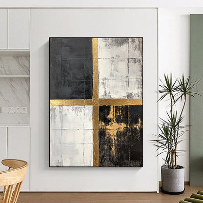 Black, White, Gold, Grid - Crossed Squares "Gilded Grid Intersection" Abstract Geometric Painting On Canvas HB161