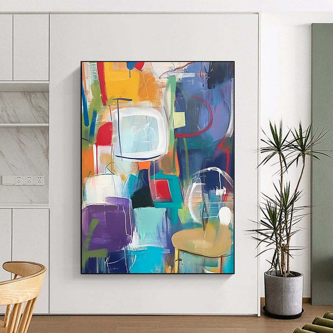 Contemporary abstract artwork features vibrant shapes and playful forms with lively backgrounds of everyday objects for a fun decor enhancement. DLZ0944