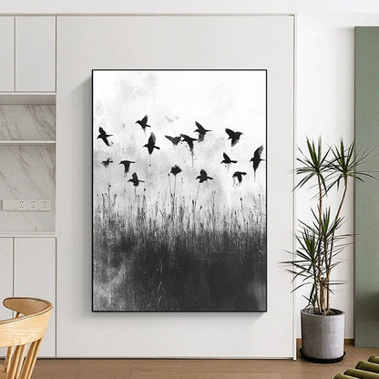 Black and White Birds in Field "Misty Flight" Painting On Canvas HB301