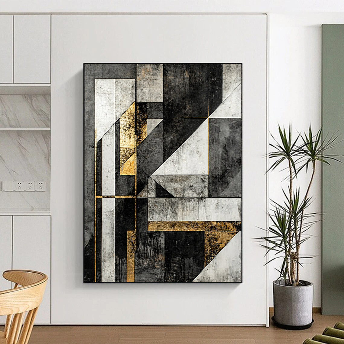 Black, White, Gray, Gold, Modular Geometry "Gilded Block Party" Abstract Constructivist - Inspired Painting On Canvas HB129