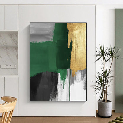 Contemporary hand-painted abstract art features green and grey brush strokes with gold accents and visible canvas texture, creating a striking surrealistic expressionist style. DLZ1626