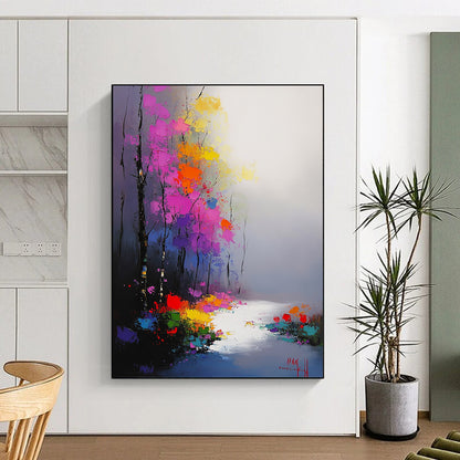 Contemporary hand-painted abstract artwork featuring vibrant flowers and trees in morning mist with smooth brushwork and atmospheric perspective. DLZ1413