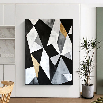 Black, White, Gray, Gold, Angular Collage "Gilded Industrial Fusion" Abstract Modernist Painting On Canvas HB128