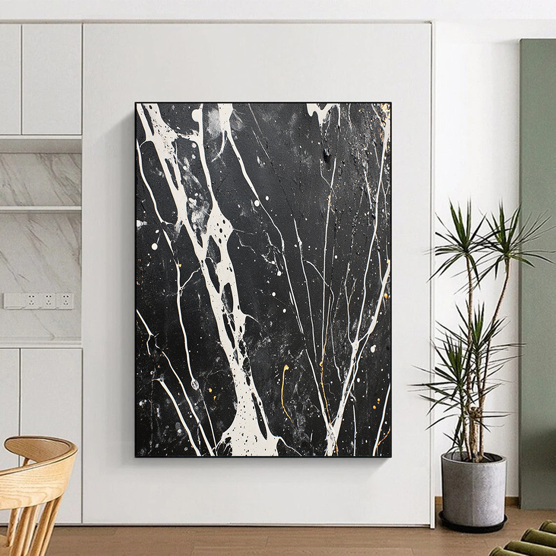 Black, White, Gray, Gold, Intricate Veins "Marbled Night" Abstract Modernist Painting On Canvas HB065