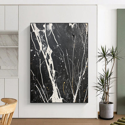Black, White, Gray, Gold, Intricate Veins "Marbled Night" Abstract Modernist Painting On Canvas HB065