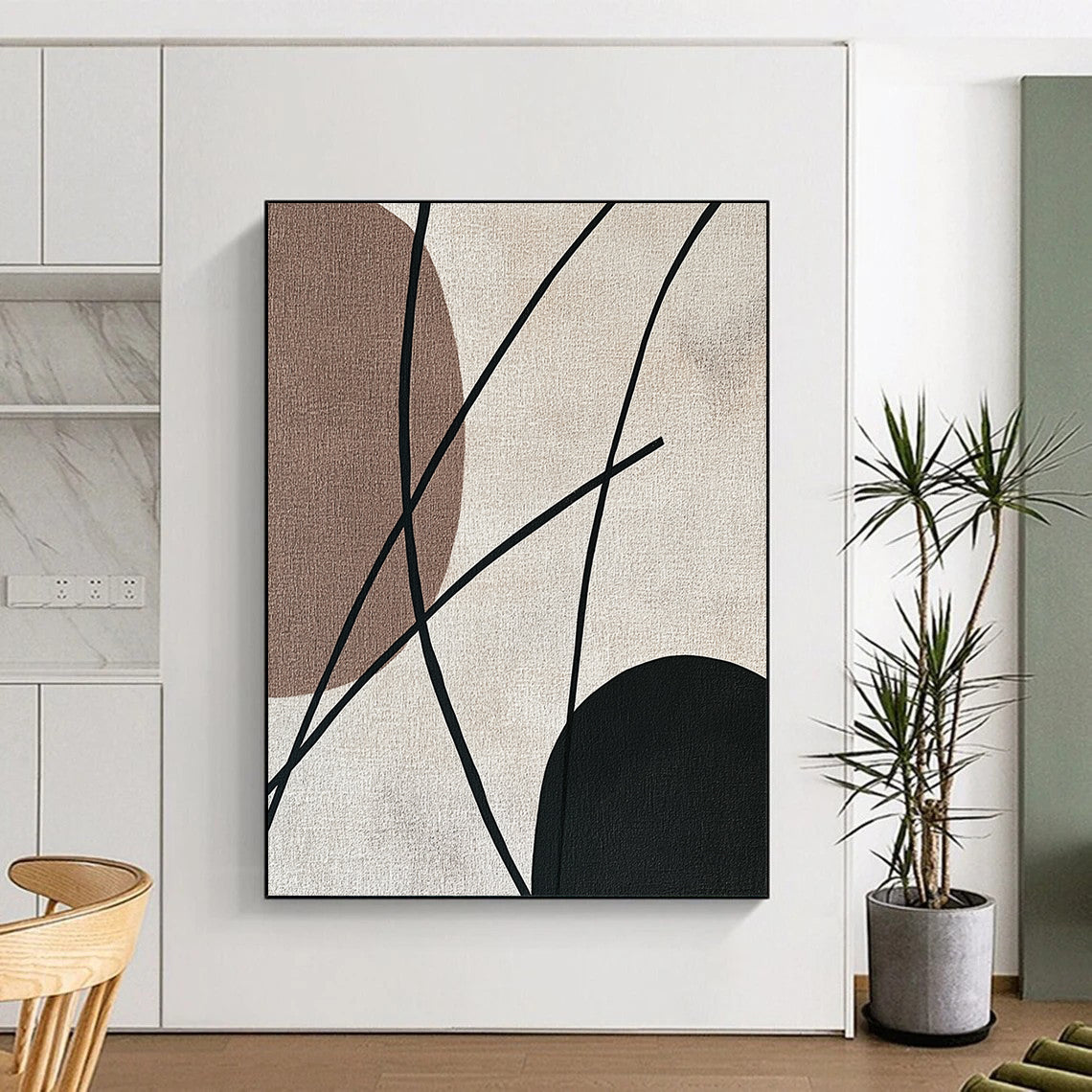Contemporary abstract painting features minimalist Japandi art with black strings elegantly contrasting against a beige background in soothing earthy tones. DLZ1627