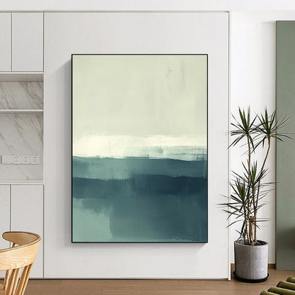 Contemporary hand-painted abstract artwork of the sea featuring soft muted teal and green tones with white accents. Perfect for modern spaces. DLZ0431