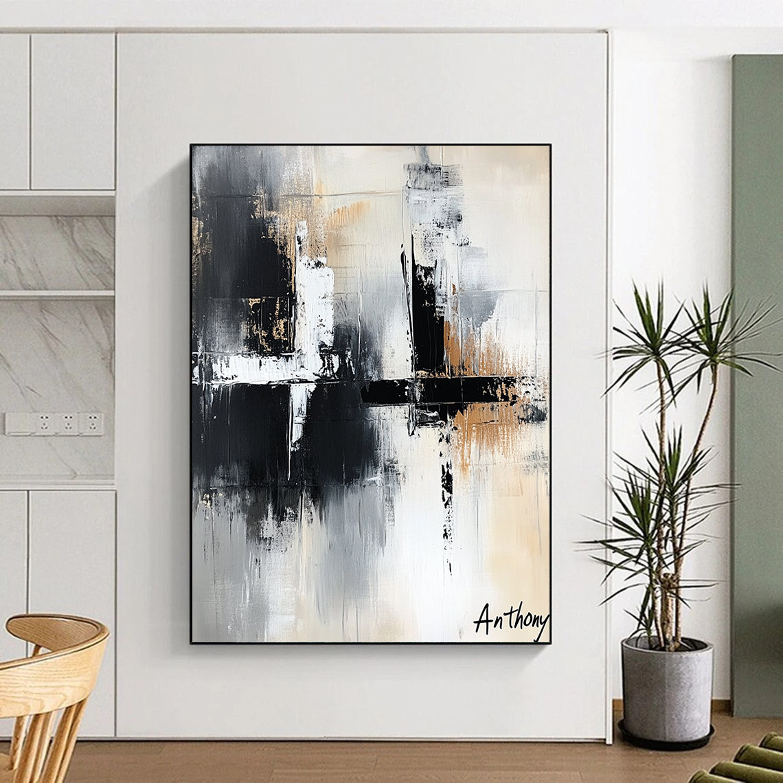 Contemporary abstract art features the word Anthony in white black and grey with bold brush strokes and layered textures creating depth and elegance. DLZ1422