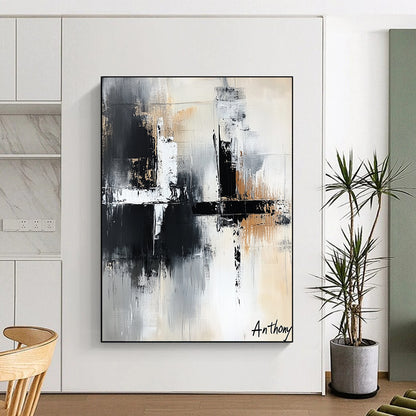 Contemporary abstract art features the word Anthony in white black and grey with bold brush strokes and layered textures creating depth and elegance. DLZ1422
