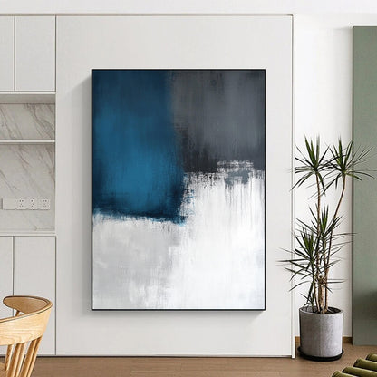 Contemporary large abstract artwork featuring layers of light sky-blue and dark gray, inspired by a calm sea on a white canvas. DLZ0539